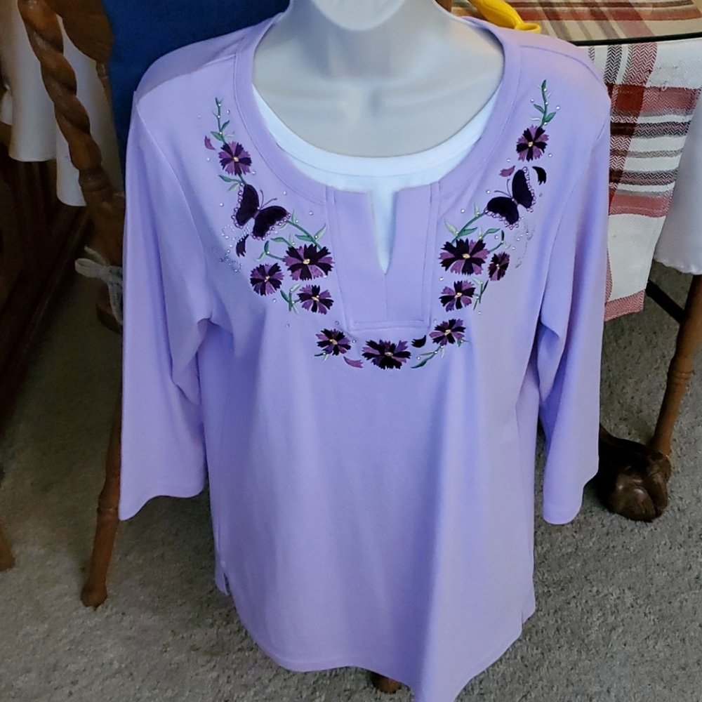 Lavender t-shirt with purple embroidery